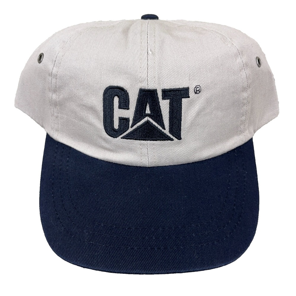 Vintage Caterpillar CAT Hat Cap Strap Back Dad Adjustable Blue Tan Khaki Dad